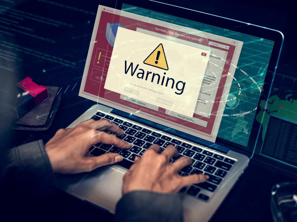 Cyber security incident warning screen on laptop