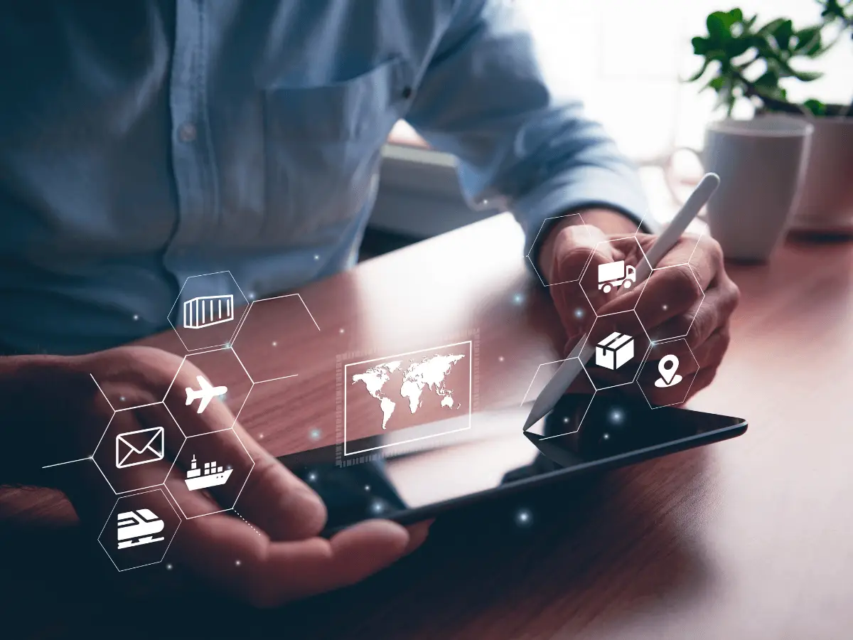 Supply chain risk management icons appearing above tablet screen