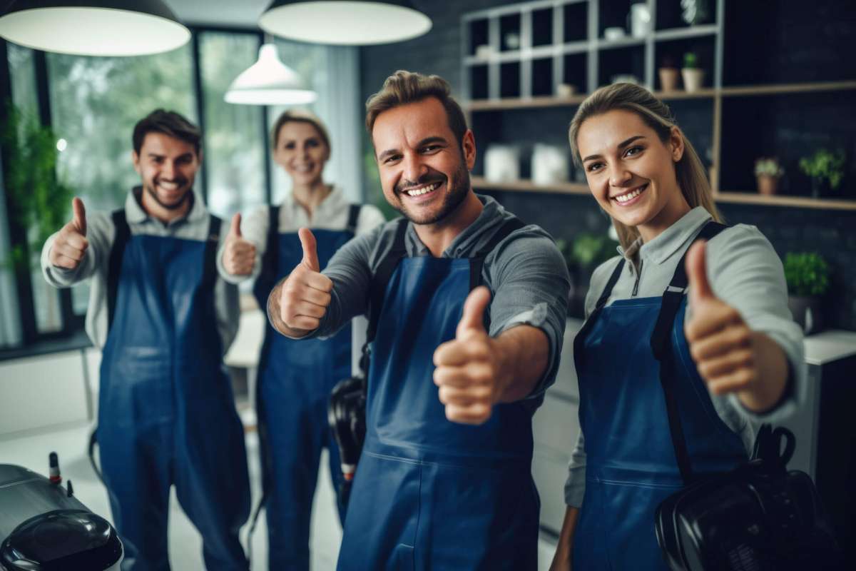 Satisfied staff smiling and giving a thumbs-up gesture while standing, showcasing the positive outcome of a successful service.