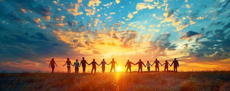 People in a field looking at sunrise