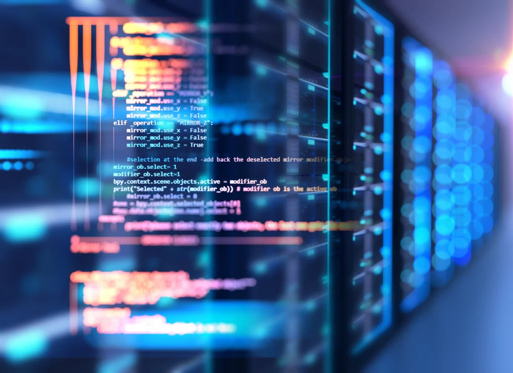 Glowing code inside a server room