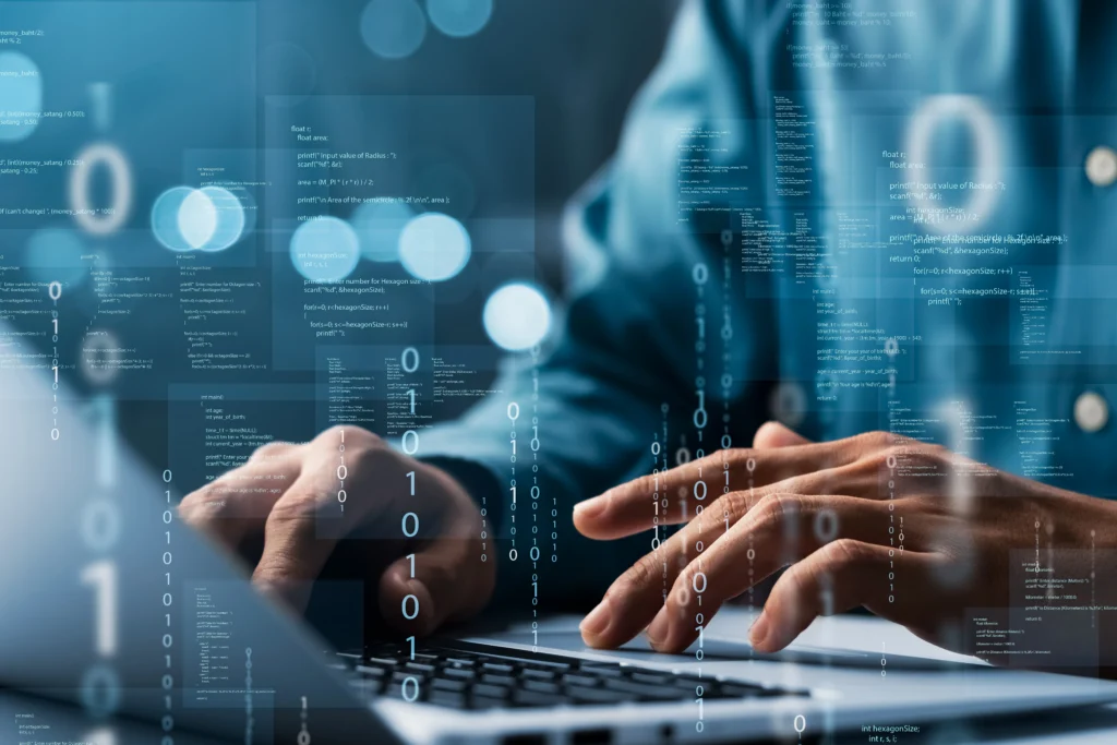 Cybersecurity professional typing at a keyboard with 1s and 0s overlay