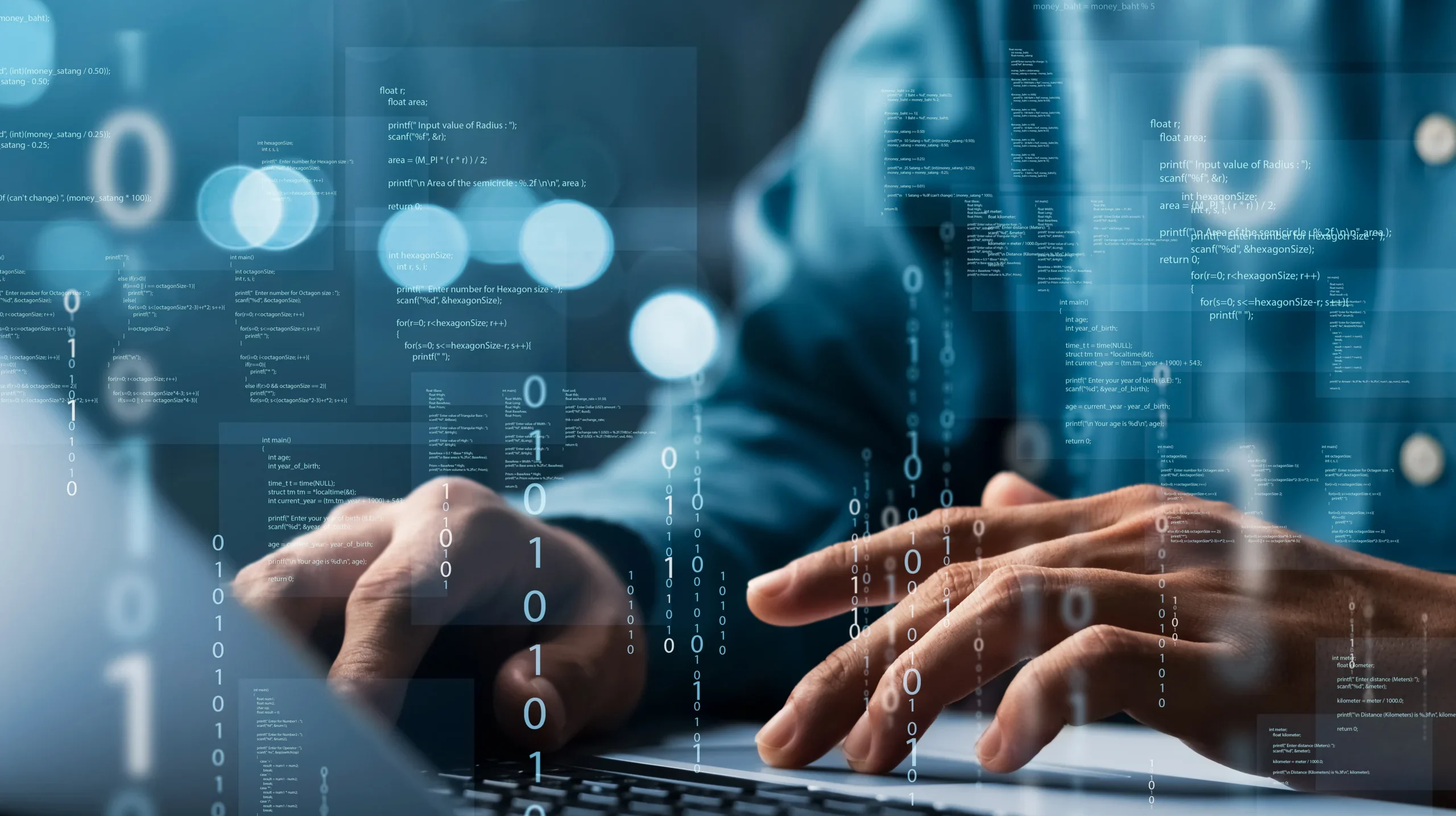 Cybersecurity professional typing at a keyboard with 1s and 0s overlay